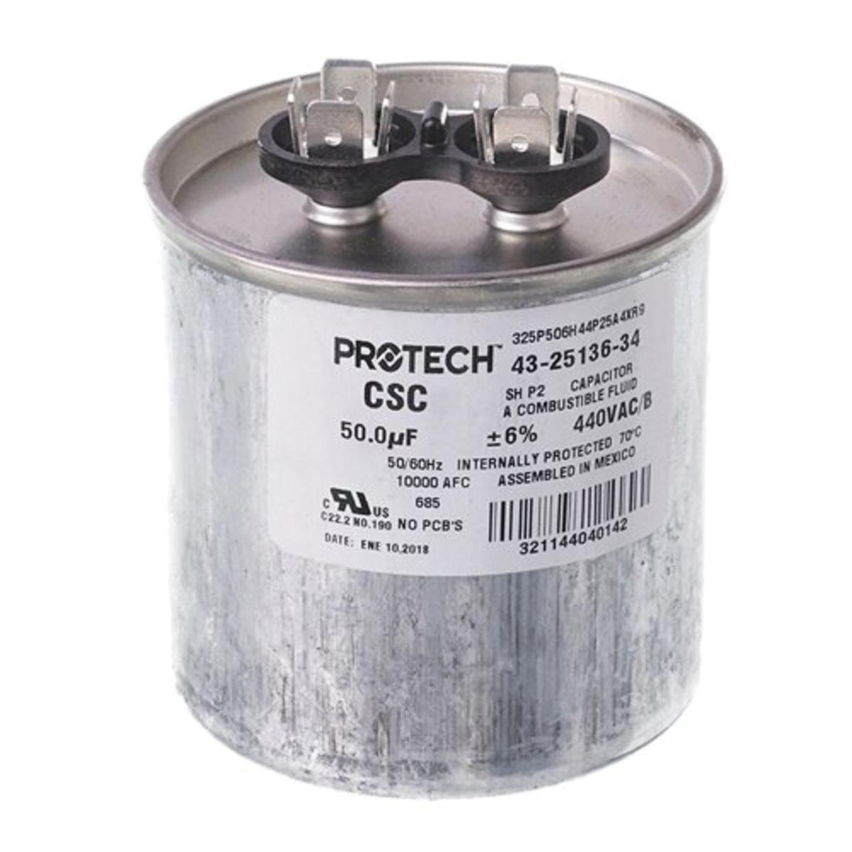Protech Single Round Run Capacitor, 50 MFD, 440VAC