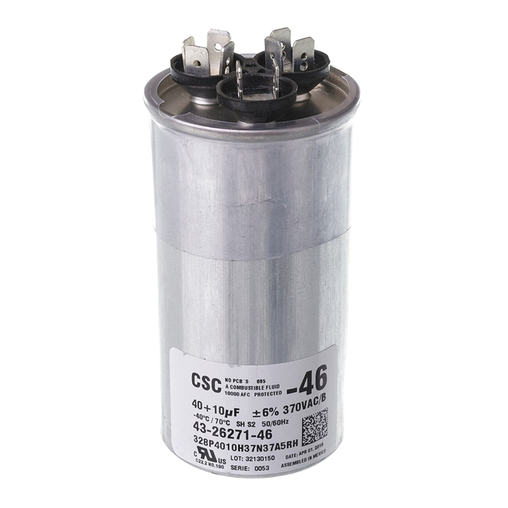 PROTECH™ 43-26271-46 Run Capacitor, MFD Rating: 40+10 uF, 370 VAC, Round, 2-1/8 in Dia