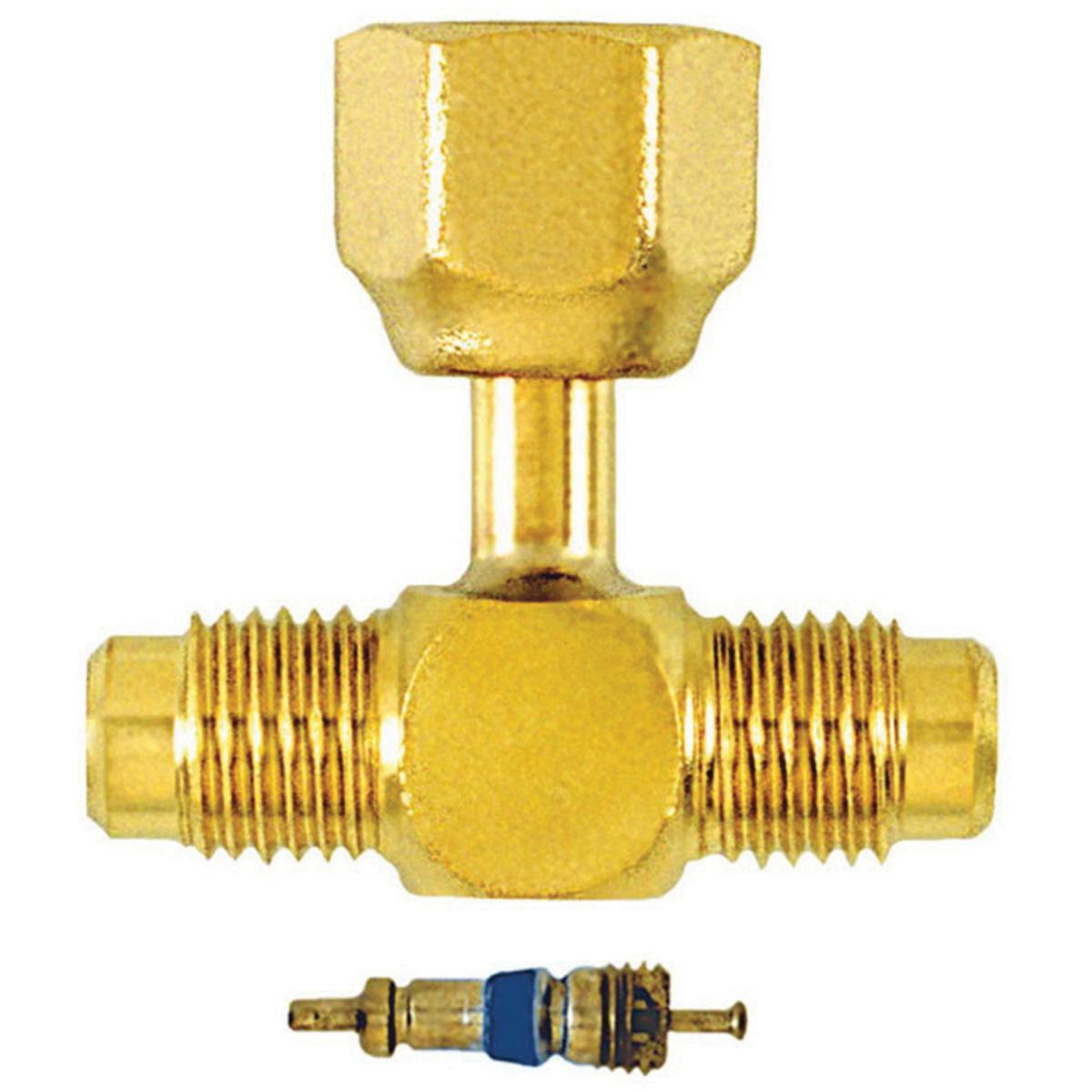 Rheem® 83-CD9601-2PK Access Tee Valve, 1/4 in, SAE 45 deg Male Flare x SAE 45 deg Female Flare, Brass/Copper