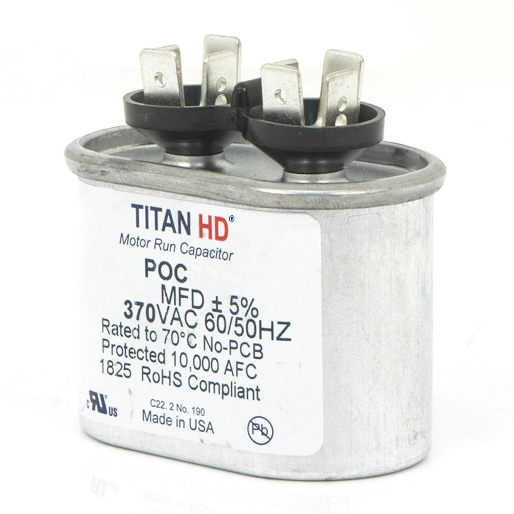 Packard POC Series POC7.5A Motor Run Capacitor, MFD Rating: 7.5 uF, 370 VAC, Oval, 2 in Dia, 1.56 in H, 1-1/4 in D