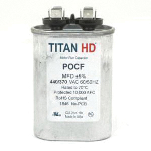 TITAN HD® POCF Series POCF15A Motor Single Run Capacitor, MFD Rating: 15 uF, 370/440 VAC, Oval, 2.88 in H, 2 in W