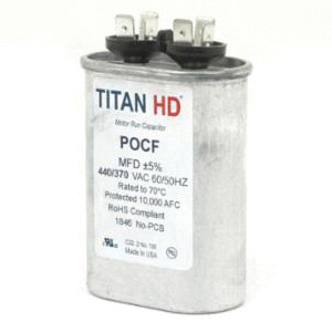 TITAN HD® POCF Series POCF20A Motor Single Run Capacitor, MFD Rating: 20 uF, 370/440 VAC, Oval, 2.88 in H, 2 in W