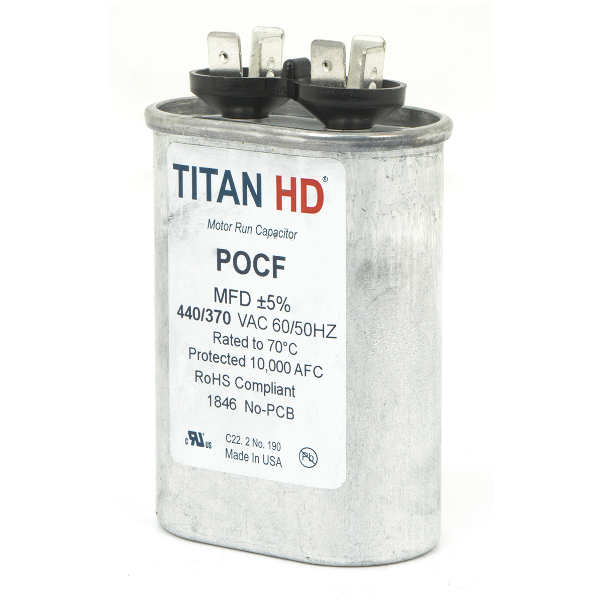 TITAN HD® POCF25B Motor Run Capacitor, MFD Rating: 25 uF, 440/370 VAC, Oval, 2.88 in H, 2 in W, 1-1/4 in D
