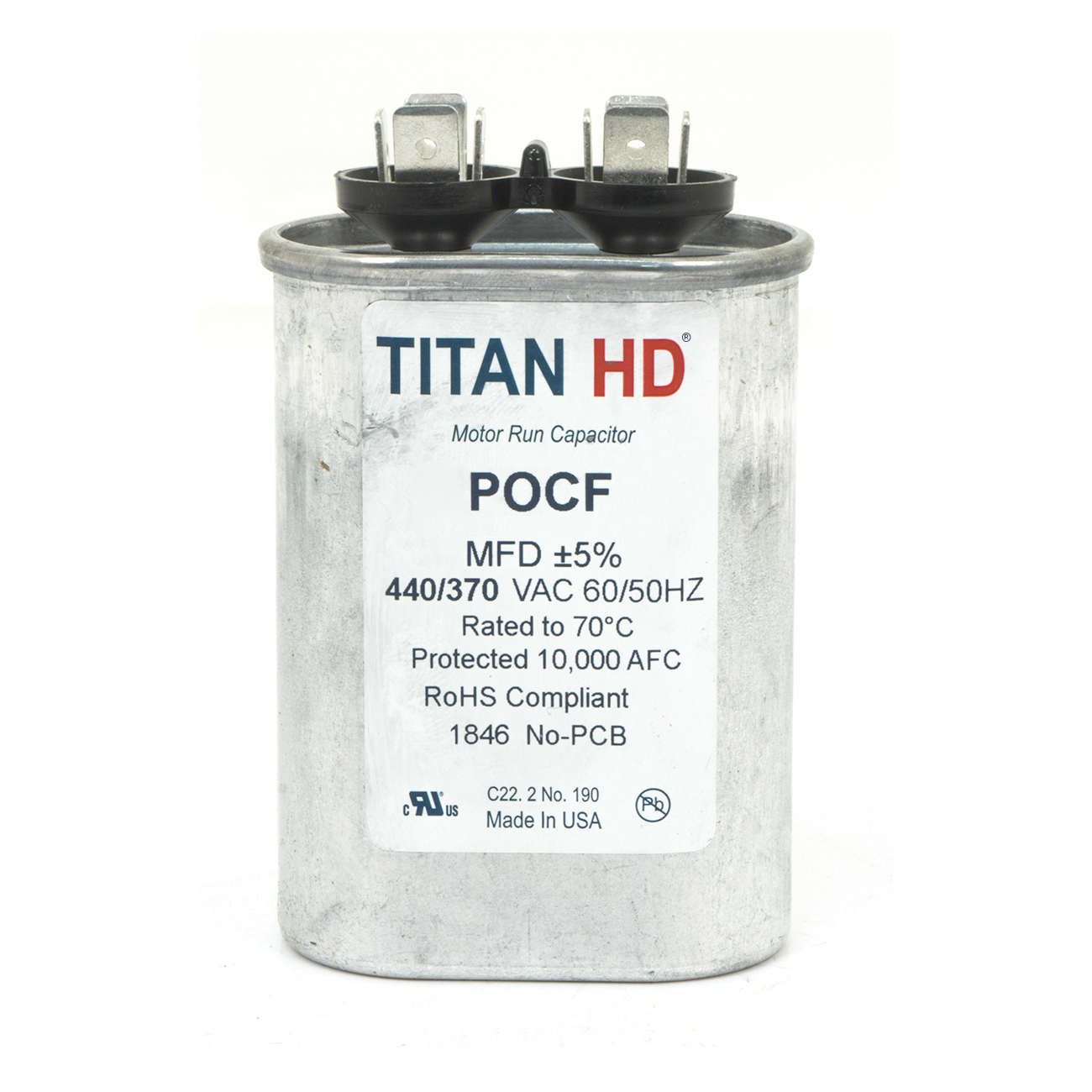 TITAN HD® POCF25B Motor Run Capacitor, MFD Rating: 25 uF, 440/370 VAC, Oval, 2.88 in H, 2 in W, 1-1/4 in D