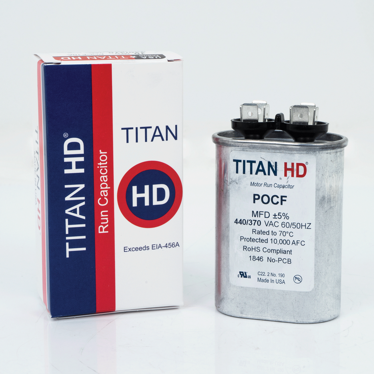 TITAN HD® POCF25B Motor Run Capacitor, MFD Rating: 25 uF, 440/370 VAC, Oval, 2.88 in H, 2 in W, 1-1/4 in D
