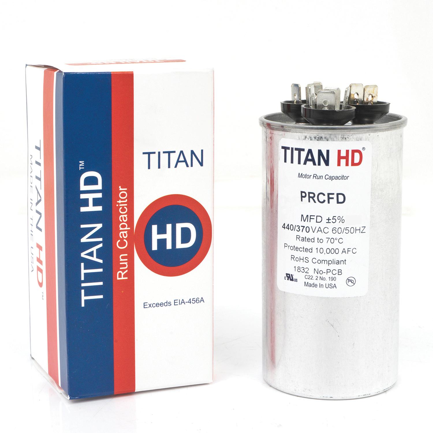 TITAN HD® PRCFD Series PRCFD3510A Motor Dual Run Capacitor, MFD Rating: 35+10 uF, 370/440 VAC, Round, 2 in Dia