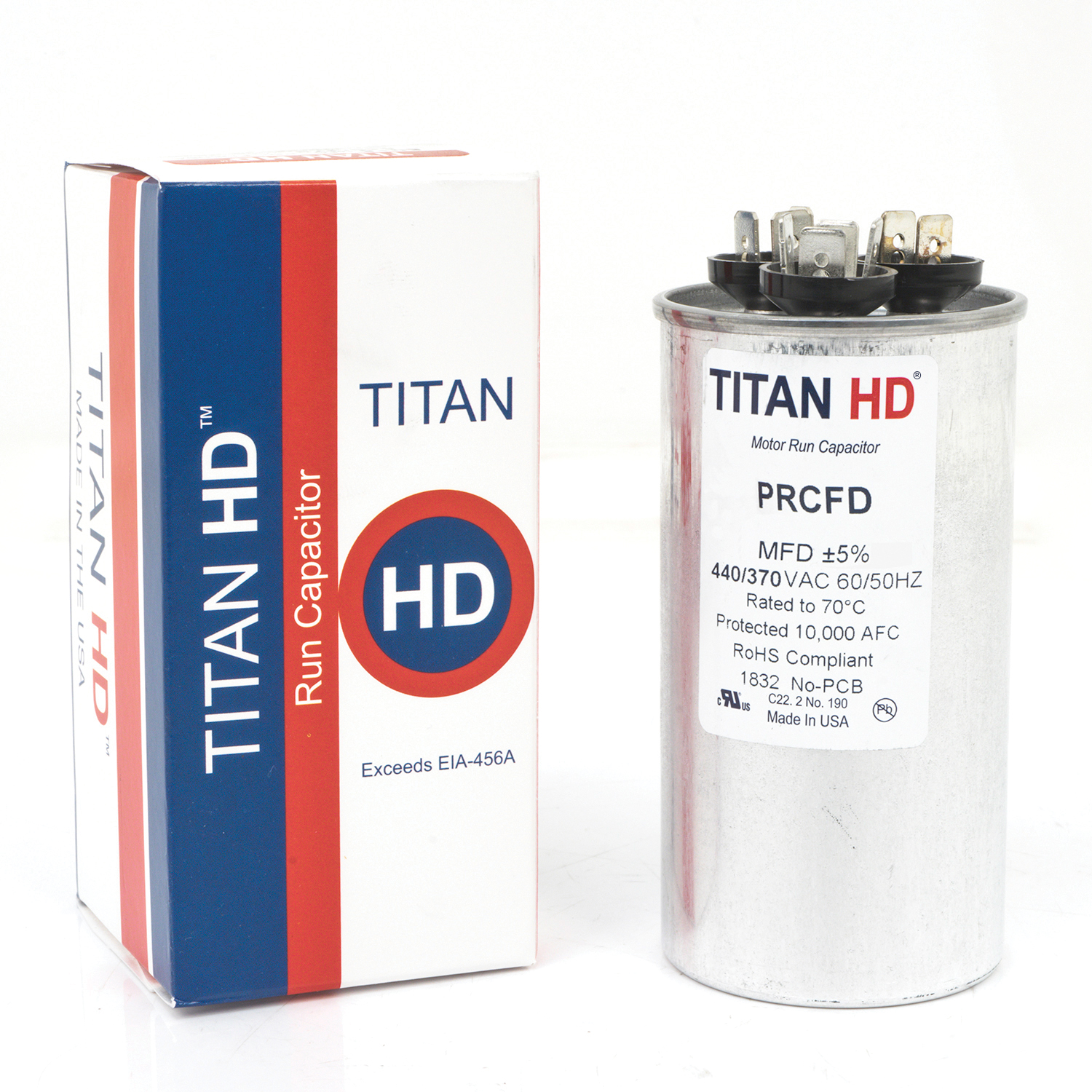 Packard PRCFD Series PRCFD4075A Motor Dual Run Capacitor, MFD Rating: 40+7.5 uF, 440 V, Round, 2 in Dia, 3.88 in H