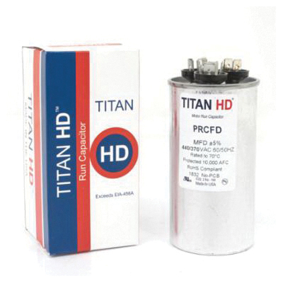 TITAN HD® PRCFD Series PRCFD5075A Motor Dual Run Capacitor, MFD Rating: 50+7.5 uF, 370/440 VAC, Round, 2 in Dia