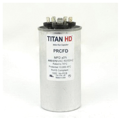 TITAN HD® PRCFD Series PRCFD5075A Motor Dual Run Capacitor, MFD Rating: 50+7.5 uF, 370/440 VAC, Round, 2 in Dia