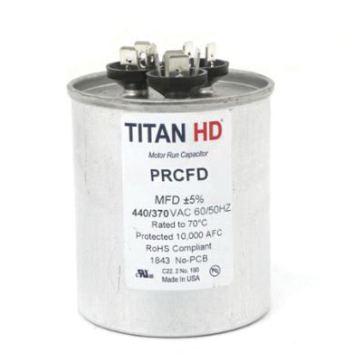 Packard PRCFD PRCFD5575A Motor Dual Run Capacitor, MFD Rating: 55+7.5 uF, 440 VAC, Round, 2-1/2 in Dia, 3.88 in H