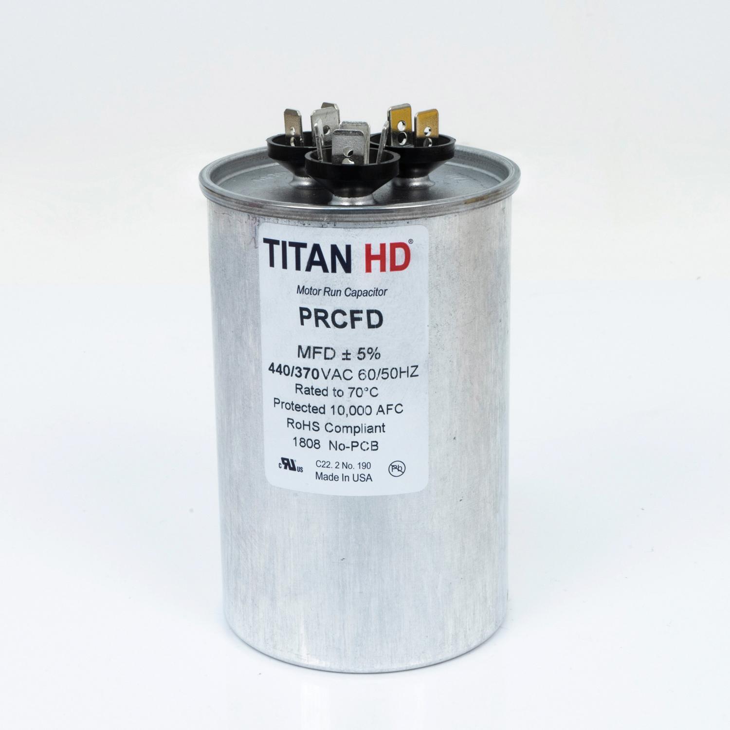 Packard PRCFD Series PRCFD7075A Motor Dual Run Capacitor, MFD Rating: 70+7.5 uF, 440 V, Round, 2-1/2 in Dia, 3.91 in H