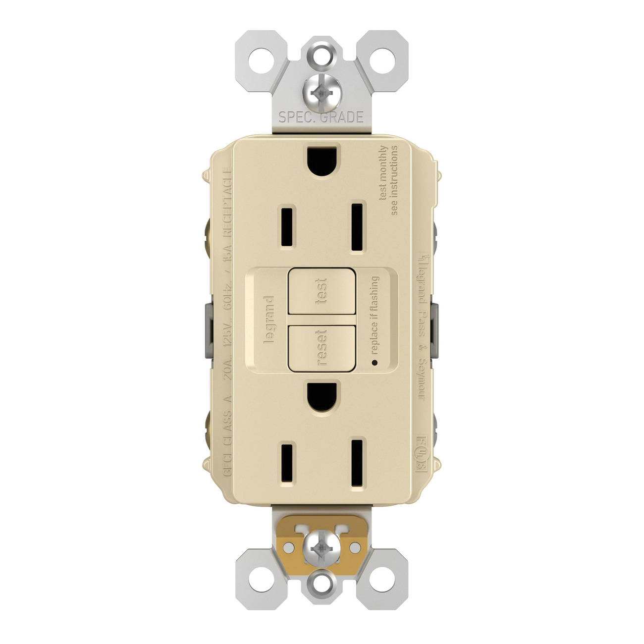 Pass & Seymour 1597 Series 125V 15A Self-Test Duplex Nylon Specification Grade GFCI Receptacle, Ivory thumbnail 3