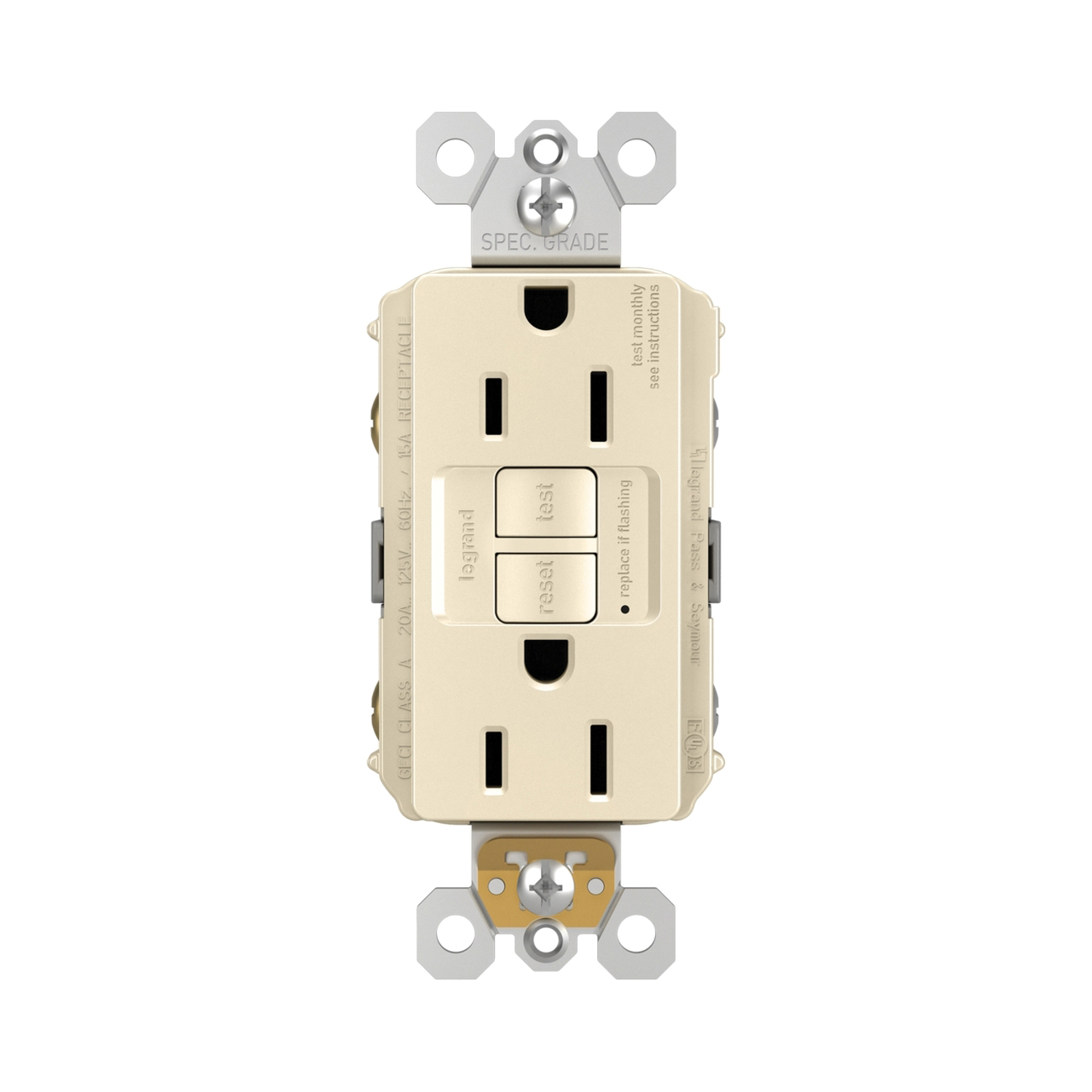 Pass & Seymour 1597 Series 125V 15A Self-Test Duplex Nylon Specification Grade GFCI Receptacle, Light Almond thumbnail 3