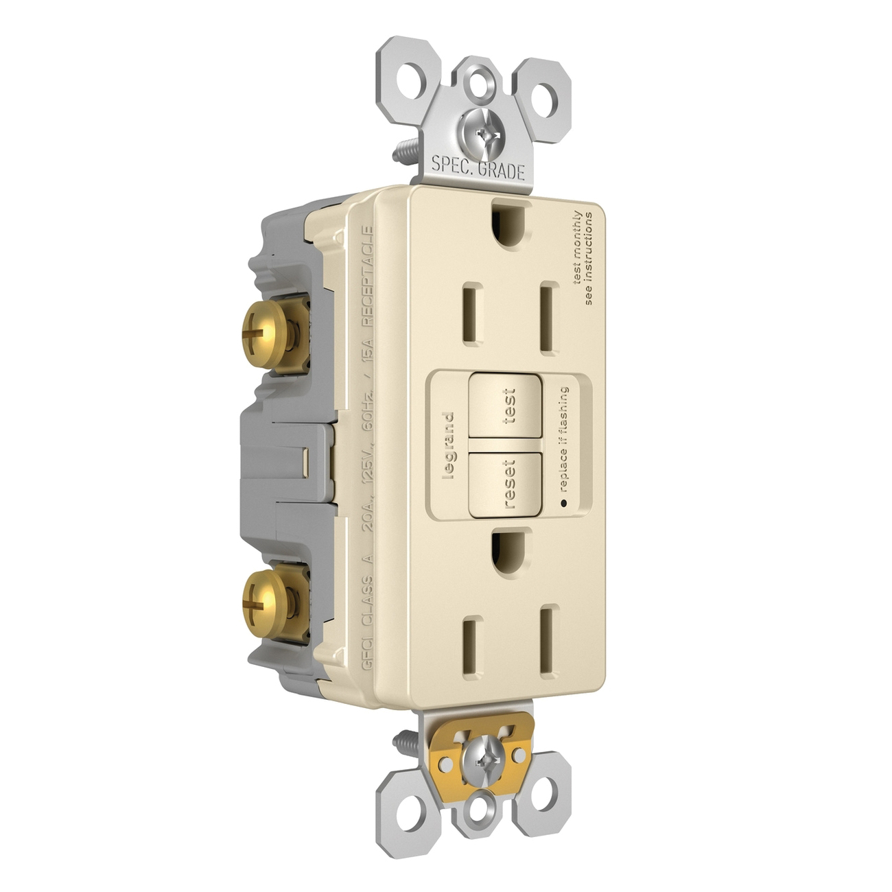 Pass & Seymour 1597 Series 125V 15A Self-Test Duplex Nylon Specification Grade GFCI Receptacle, Light Almond thumbnail 2