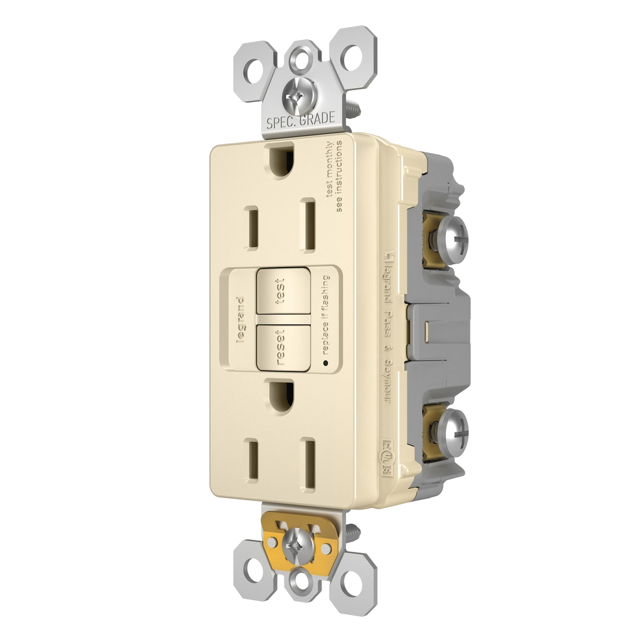 Pass & Seymour 1597 Series 125V 15A Self-Test Duplex Nylon Specification Grade GFCI Receptacle, Light Almond thumbnail 4