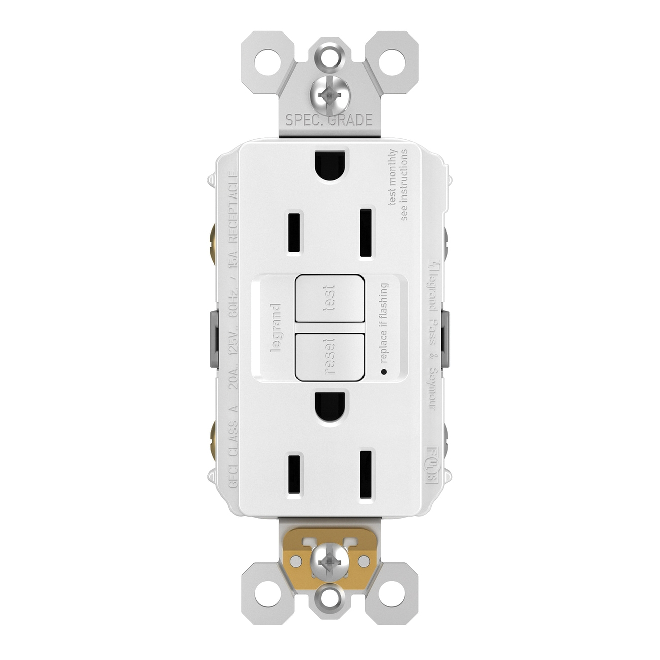 Pass & Seymour 1597 Series 125V 15A Self-Test Duplex Nylon Specification Grade GFCI Receptacle, White thumbnail 3