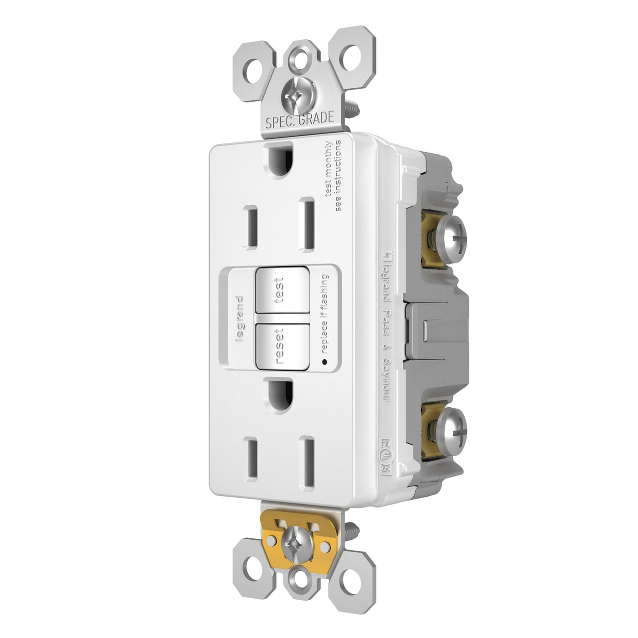 Pass & Seymour 1597 Series 125V 15A Self-Test Duplex Nylon Specification Grade GFCI Receptacle, White thumbnail 2