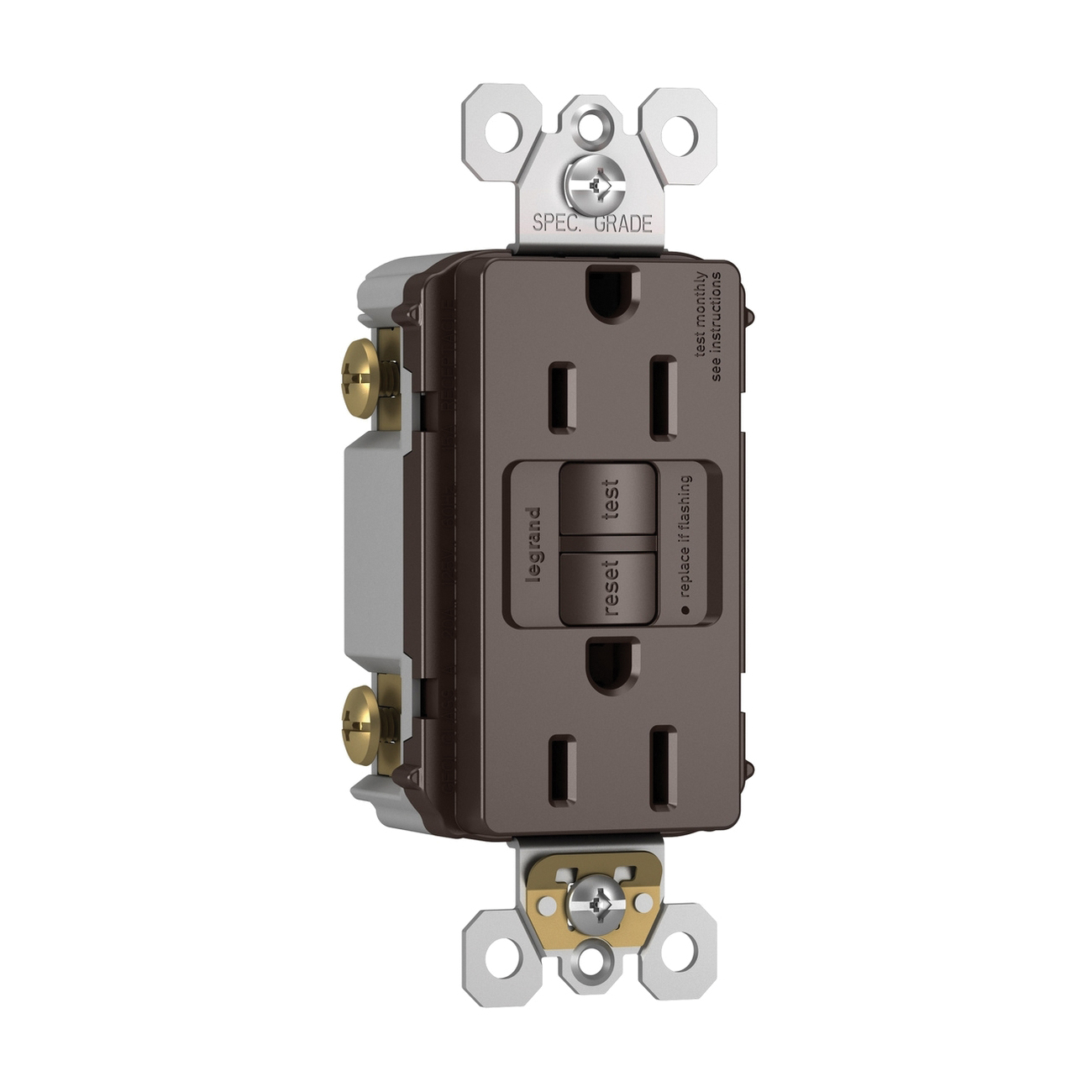 Pass & Seymour 1597 Series 125V 15A Self-Test Duplex Nylon Specification Grade GFCI Receptacle, Brown thumbnail 3