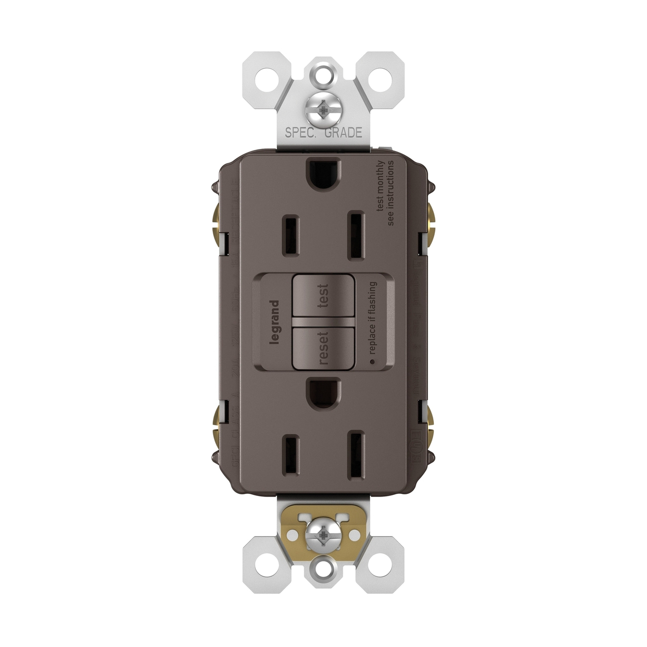 Pass & Seymour 1597 Series 125V 15A Self-Test Duplex Nylon Specification Grade GFCI Receptacle, Brown thumbnail 4