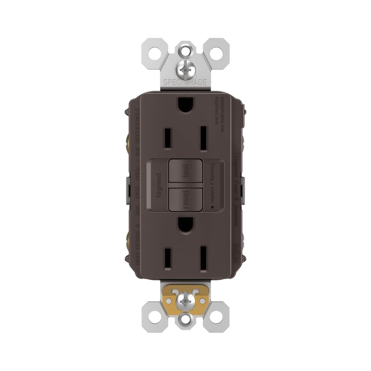 Pass & Seymour 1597 Series 125V 15A Self-Test Duplex Nylon Specification Grade GFCI Receptacle, Brown thumbnail 2