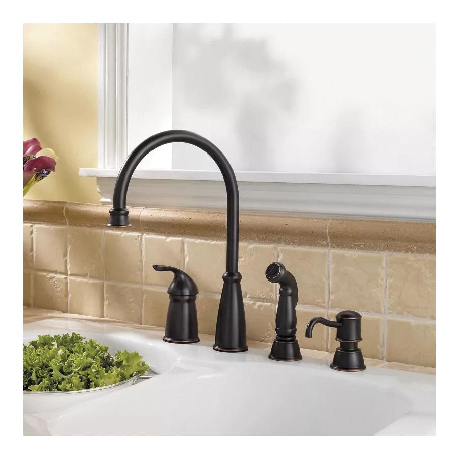 PfISTER® Avalon 1 Handle Kitchen Faucet with Side Spray and Soap Dispenser, Tuscan Bronze