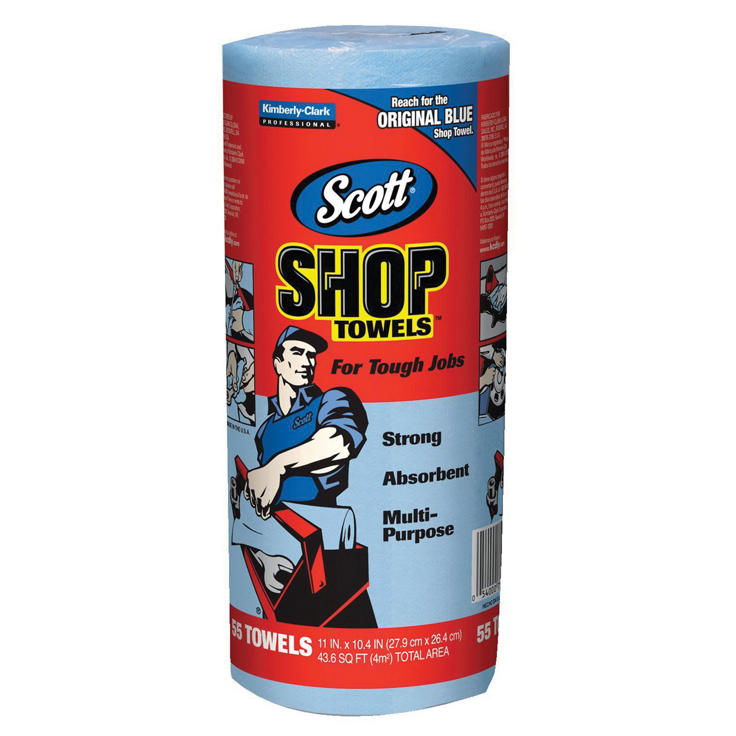 Scott® 75130 Shop Towel Roll, 11 in W, 10.4 in L, 1 -Ply, Double Re-Creped Cellulose, Blue