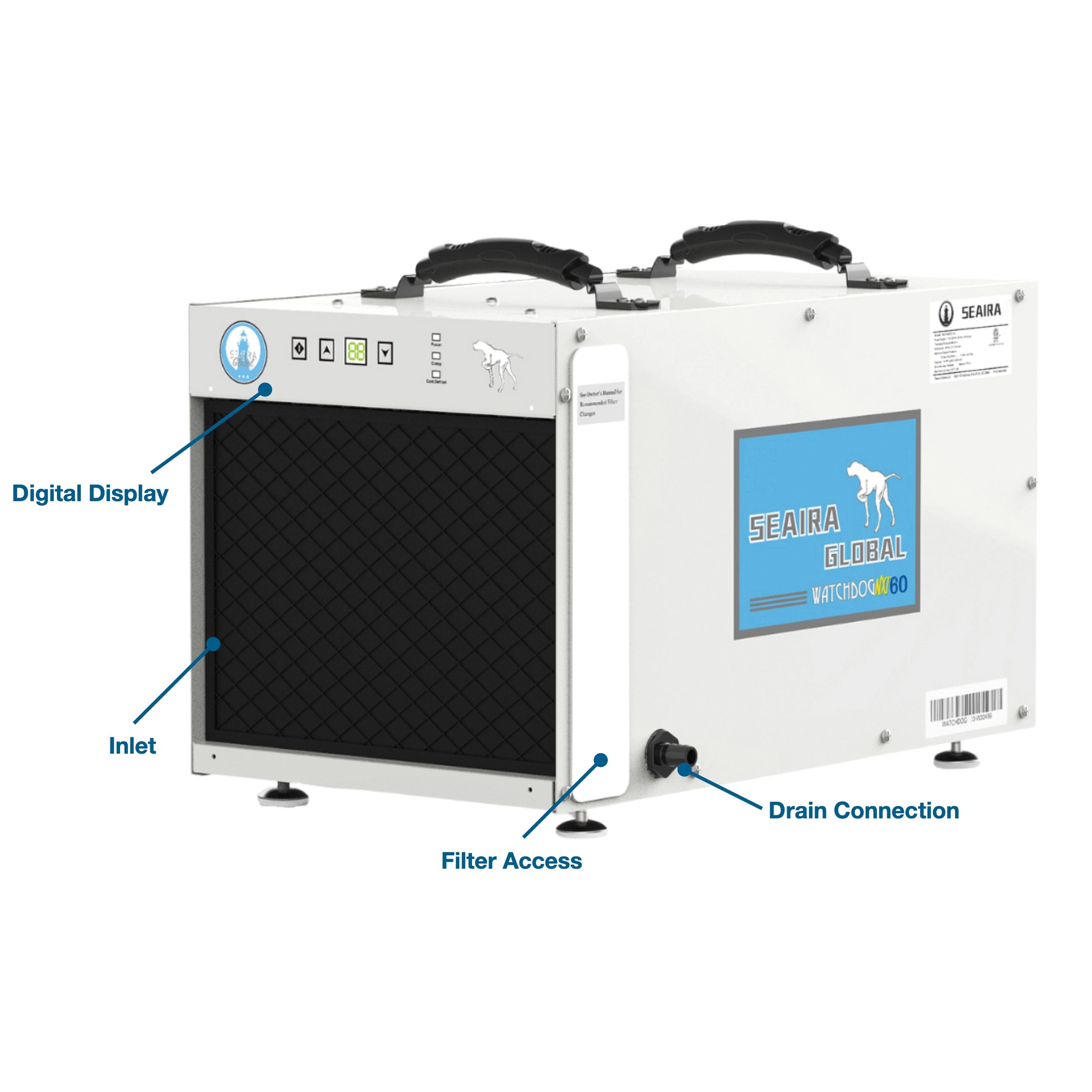 Seaira Global WATCHDOG NXT60 Dehumidifier, Aluminum, Remote Control, 60 ppd Capacity, 115 V, 11000 cu-ft Coverage Area