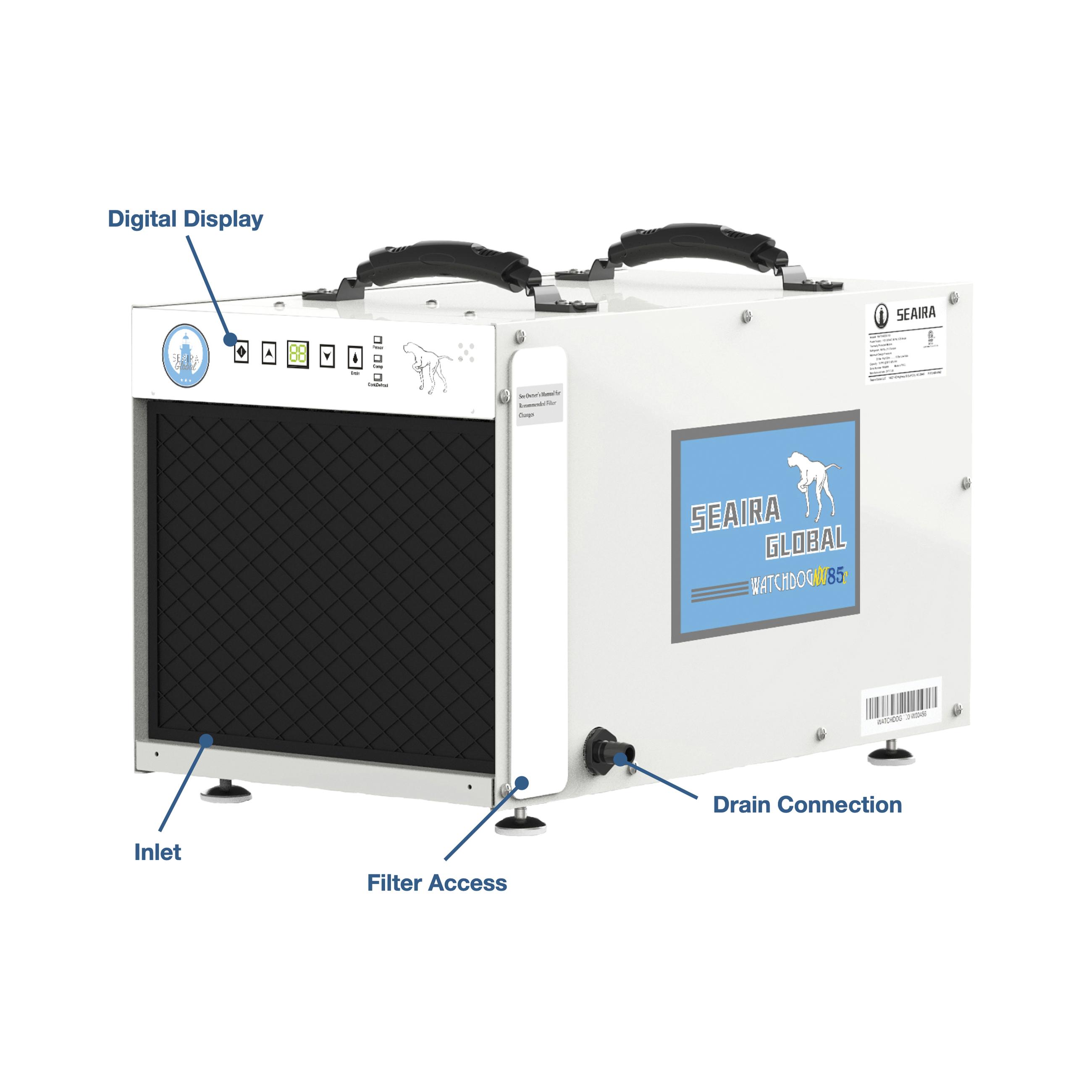 Seaira Global WATCHDOG NXT85C Dehumidifier, Aluminum, Remote Control, 85 ppd Capacity, 115 V, 15000 cu-ft Coverage Area