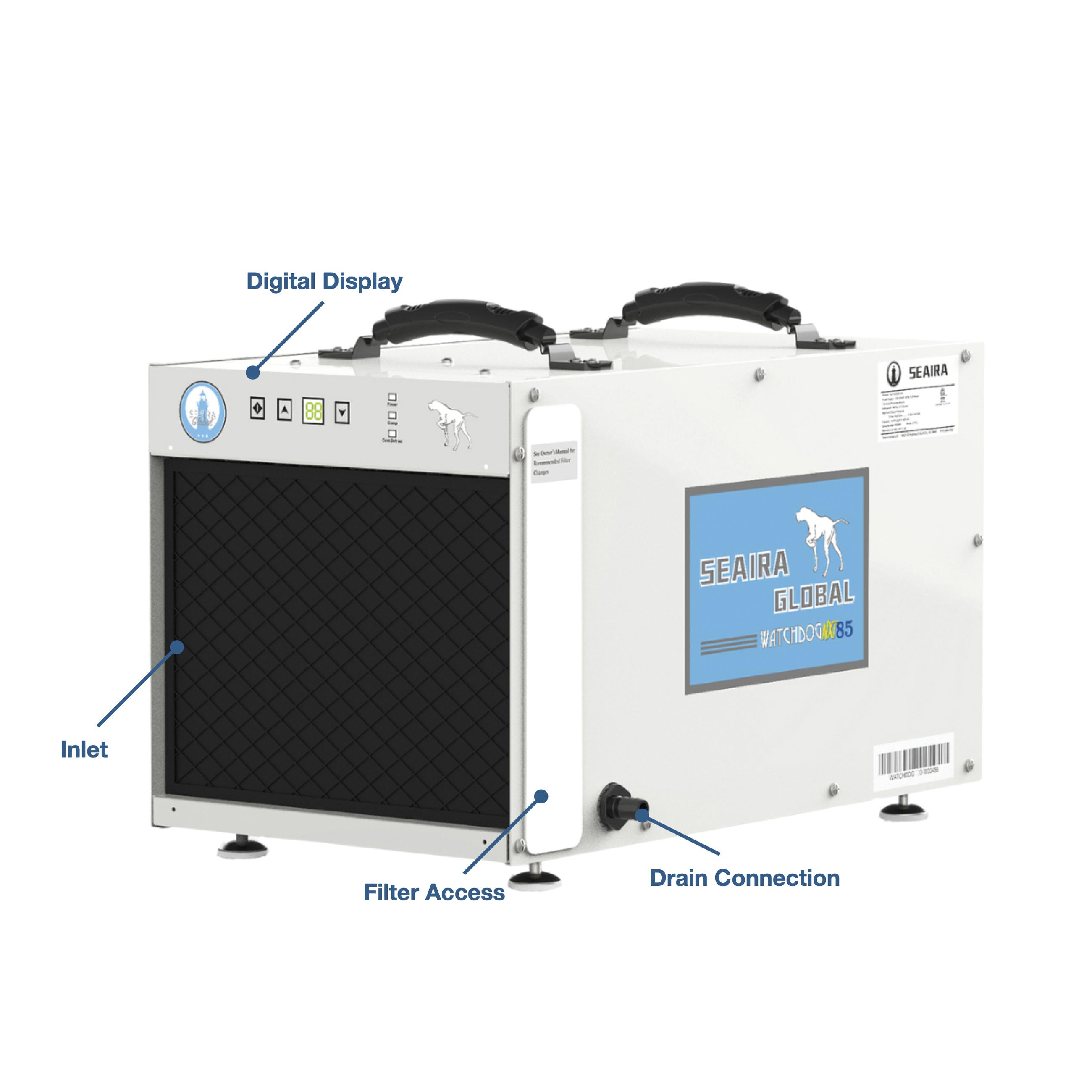 Seaira Global WATCHDOG NXT85 Dehumidifier, Aluminum, Remote Control, 85 ppd Capacity, 115 V, 15000 cu-ft Coverage Area