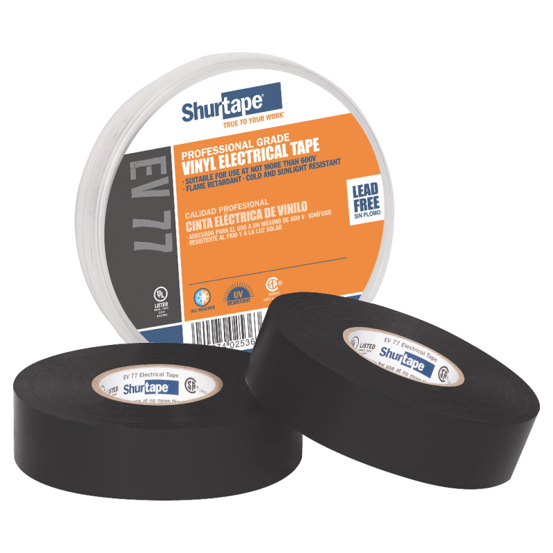 Shurtape® EV 77B 104706 Professional-Grade Electrical Tape, 7 mil Thick, 3/4 in W, 66 ft L, Black, Rubber Adhesive