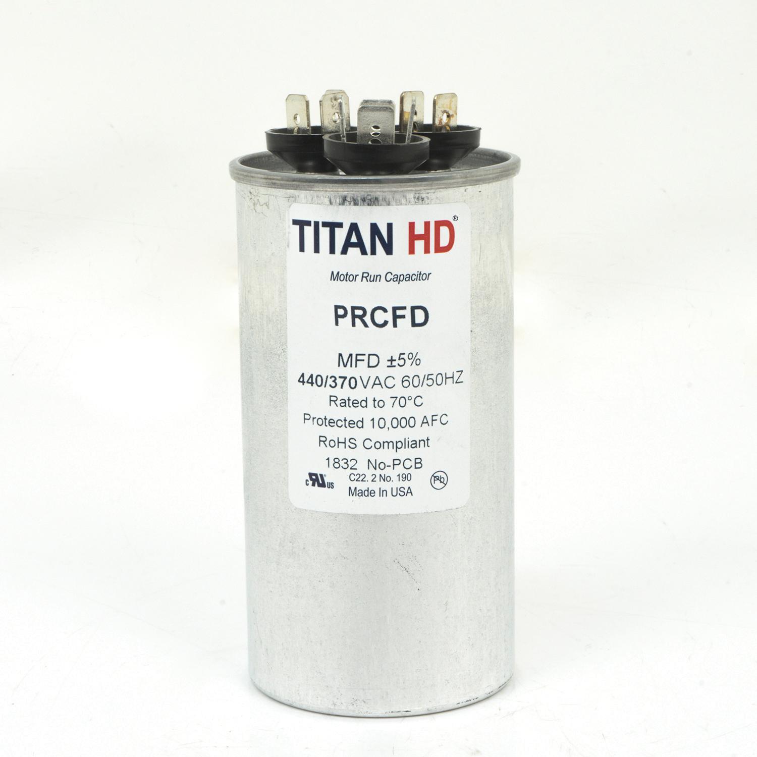 TITAN HD® PRCFD453A Motor Run Capacitor, 45+3 uF, 440/370 V, Round, 2-Section