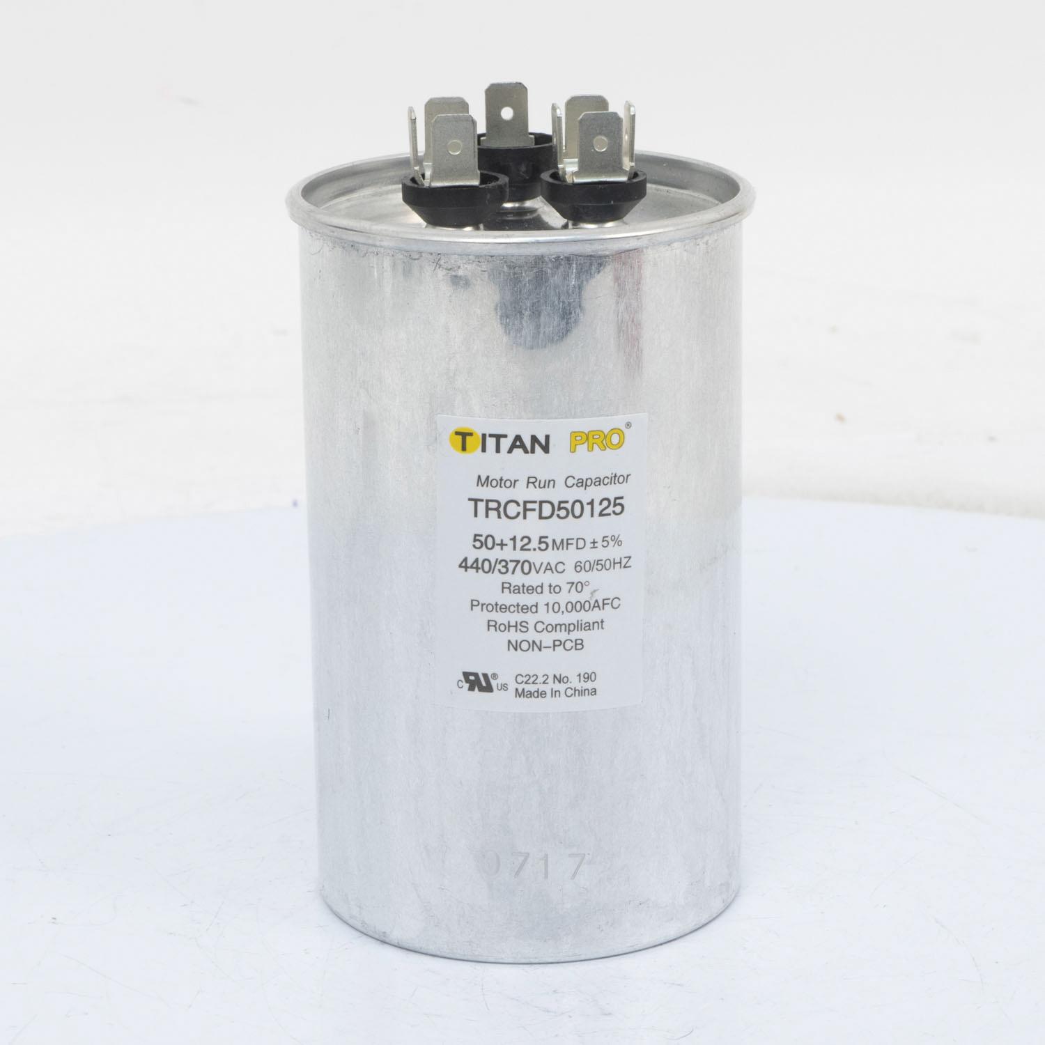 TITAN PRO® TRCFD50125 Motor Run Capacitor, 50+12.5 uF, 440/370 V, Round, 2-Section