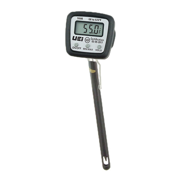 UEi TEST INSTRUMENTS™ 550B Pocket Thermometer, -58 to 572 deg F, Digital Display, AB13 (SR44W) Battery, 5 in L Stem
