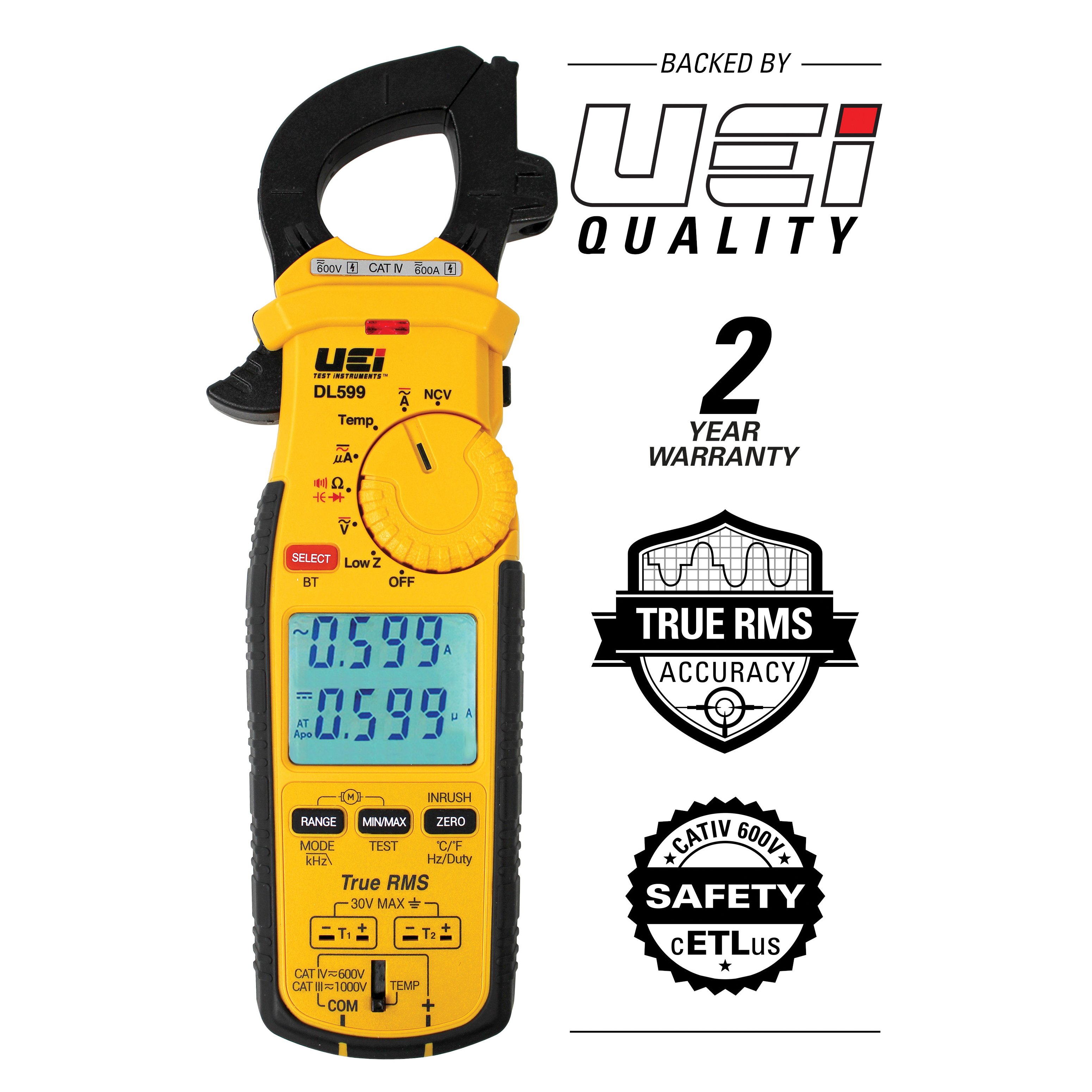 UEi Test Instruments DL599 Wireless True-RMS Clamp Meter, 600 A, 1000 V, CATIV 600V, True RMS AC Response, Dual Display (Backlit), 1.8% + 5 Digits, 1.8% + 5 Digits DC Current Accuracy