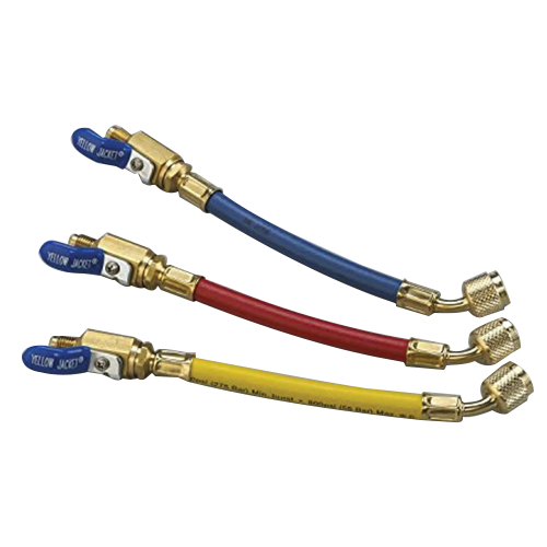 Yellow Jacket® 25980 Adapter Hose, 1/4 in FlexFlow Nominal, 9 in L, Blue, Red and Yellow