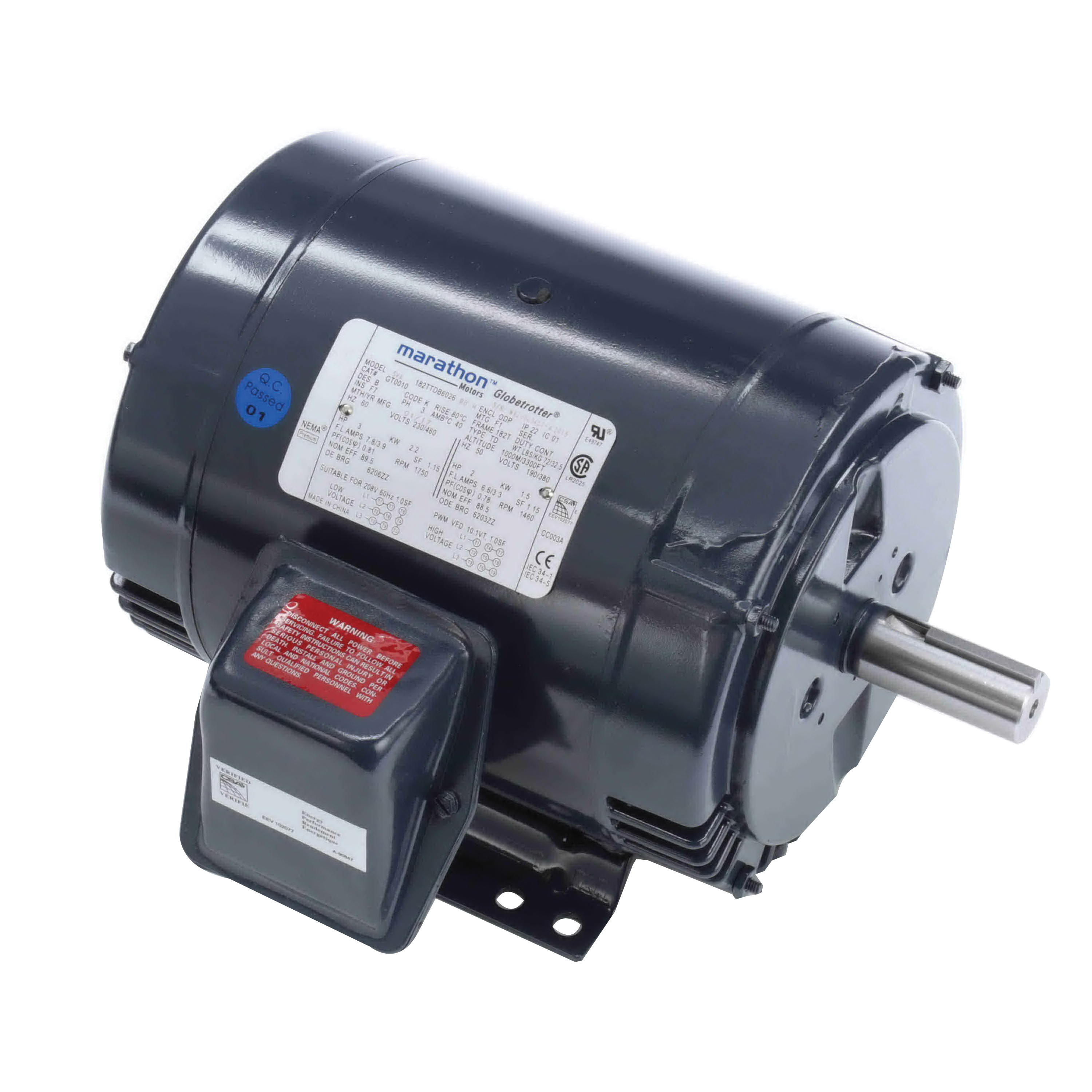 Marathon® GT0010 Motor, 230/460 VAC, 7.6/3.8 A, 3 hp, 1800 rpm Speed, 2.24 kW, 3 ph, 60 Hz, 182T Frame