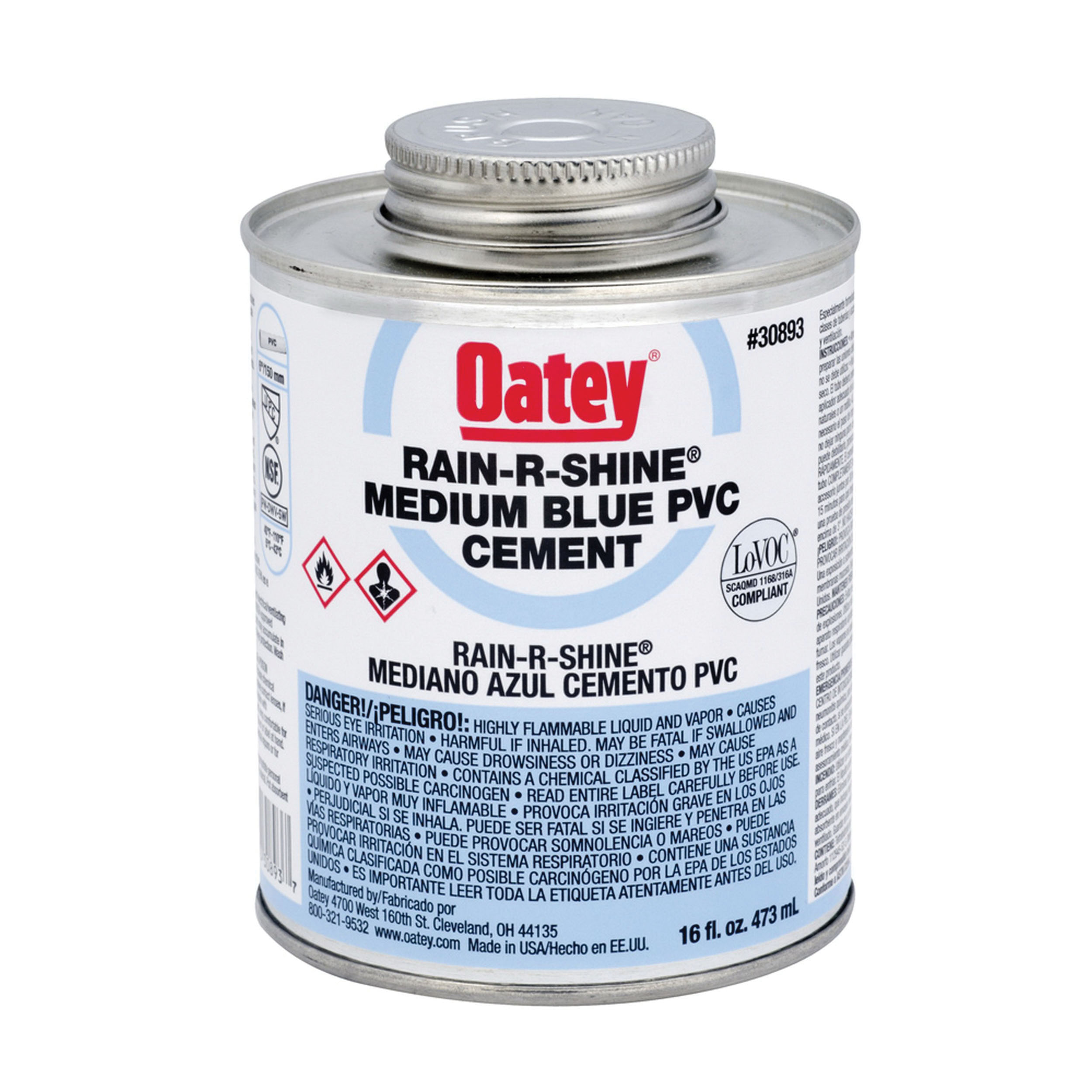 Oatey® Rain-R-Shine 30893 PVC Cement, 16 oz, Can, Liquid, Clear, Solvent, 2 hr at >60 deg F Curing