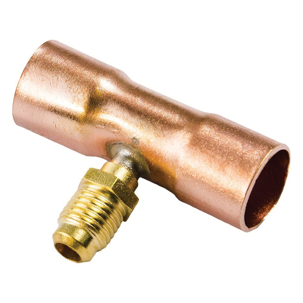C&D Valve 84TS CD8458 Access Tee Valve, 1/4 x 5/8 in Nominal, Male Flare x Copper Tube Connection, Brass and Copper Body