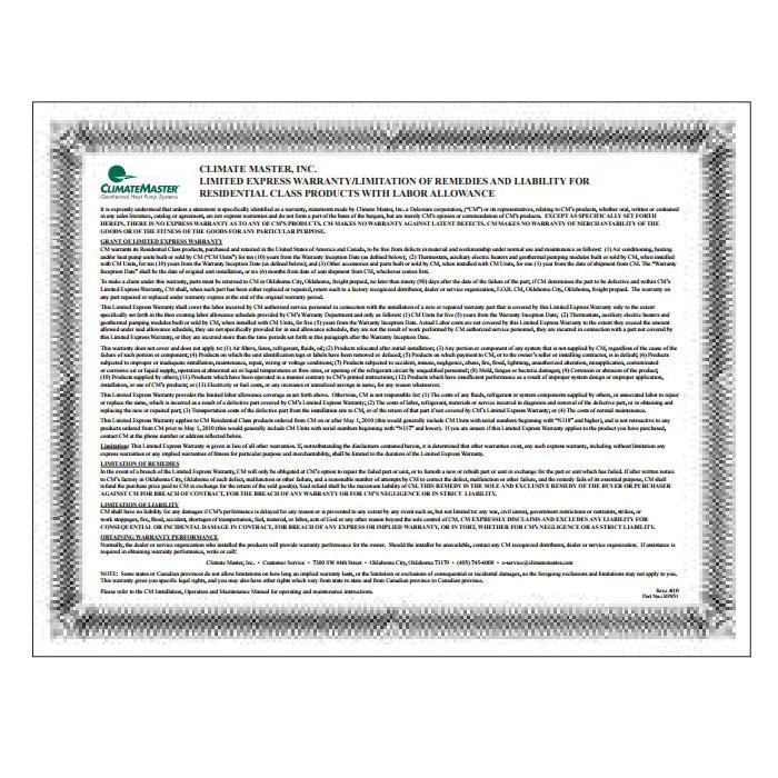 ClimateMaster&reg; EWOSL3 Extended Labor Allowance Warranty, 10 years Duration