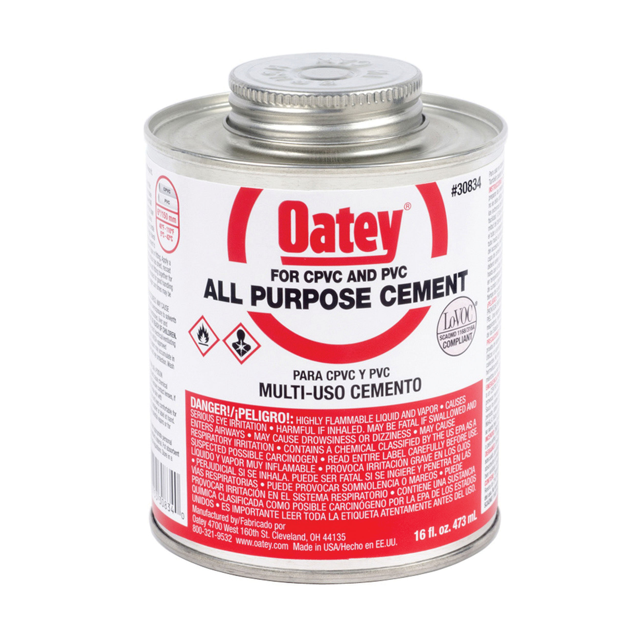 Oatey® 30834 PVC Cement, 16 oz, Liquid, Clear Milky, Solvent, 2 hr at >60 deg F Curing