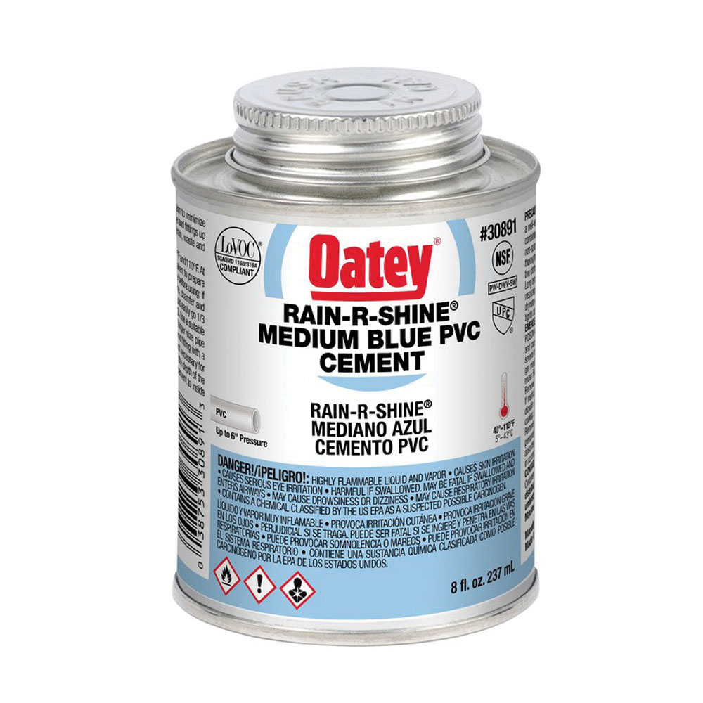 Oatey® Rain-R-Shine 30891 Rain-R-Shine PVC Cement, 8 oz, Can, Translucent Liquid, Blue, Solvent