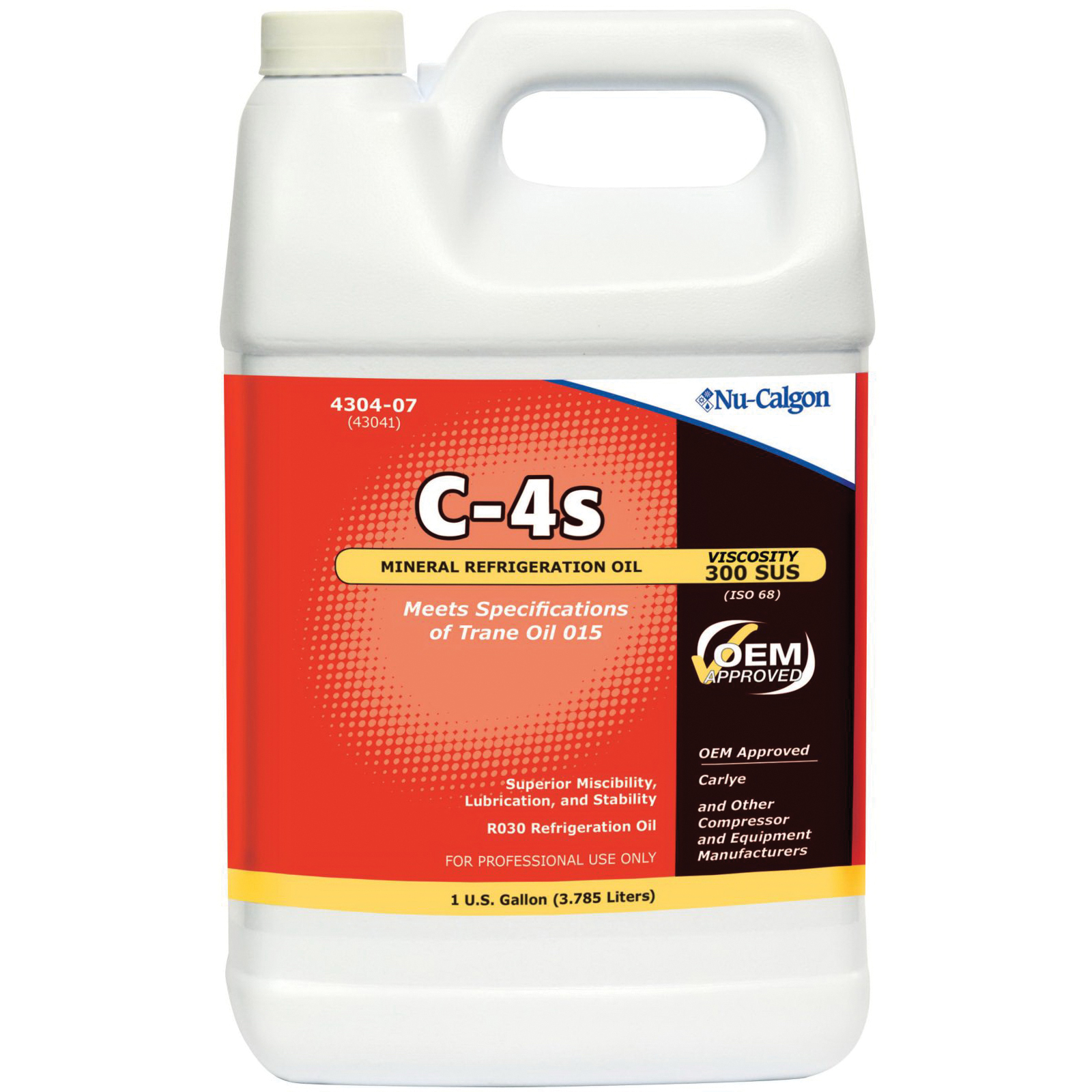 Nu-Calgon 4304-07 Refrigeration Mineral Oil, 1 gal, Bottle, Clear to Light Yellow, Hydrocarbon, 61.43 cSt Viscosity