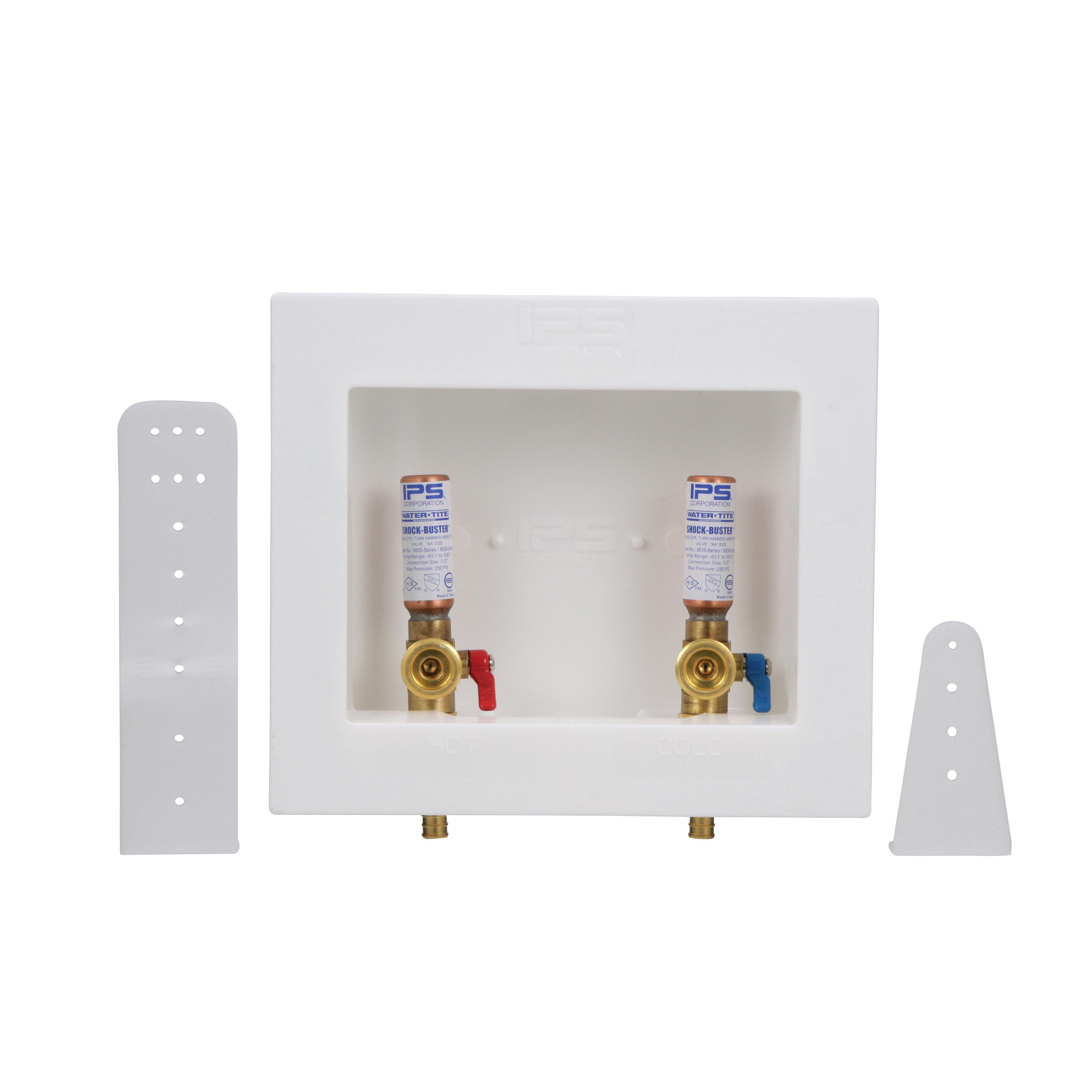 IPS 85716 Econo Box&trade; Brass 1/4-Turn Outlet Box With Water Hammer Arrestor For Washing Machine, 1/2 inch, Pex Conx; 10/Case