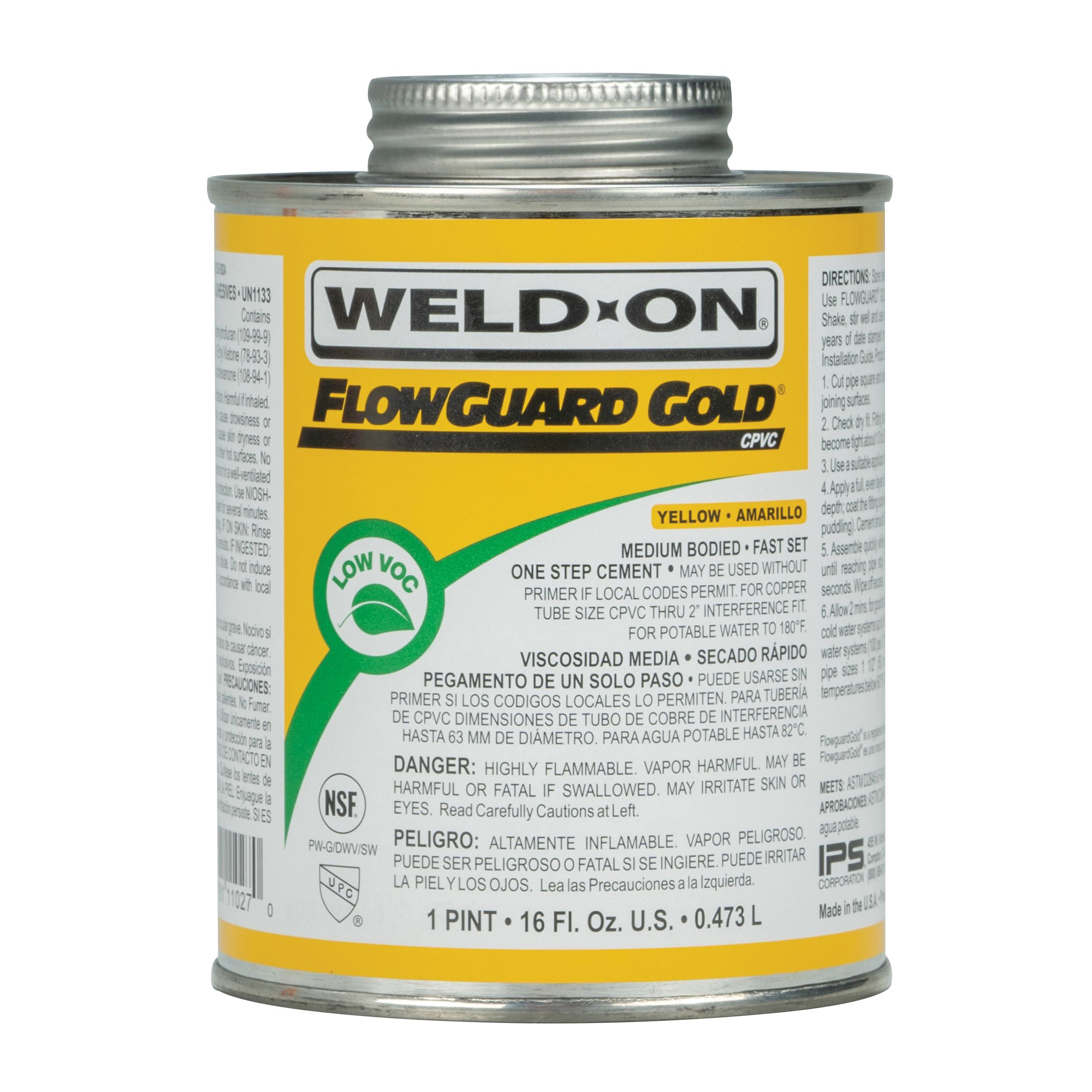 Weld-On® FlowGuard Gold® 11027 Solvent Cement With Applicator Cap, 1 pt, Can, Liquid, Yellow, Ketone