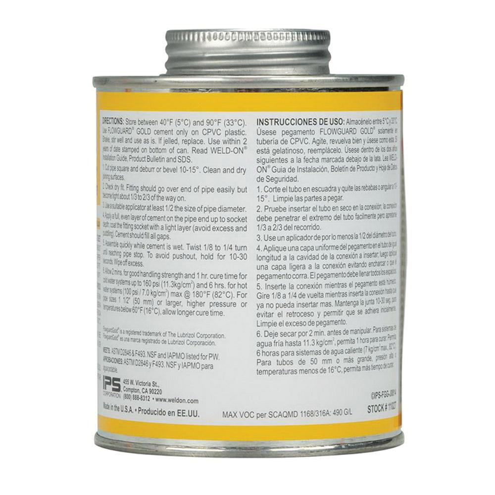 Weld-On® FlowGuard Gold® 11027 Solvent Cement With Applicator Cap, 1 pt, Can, Liquid, Yellow, Ketone thumbnail 4