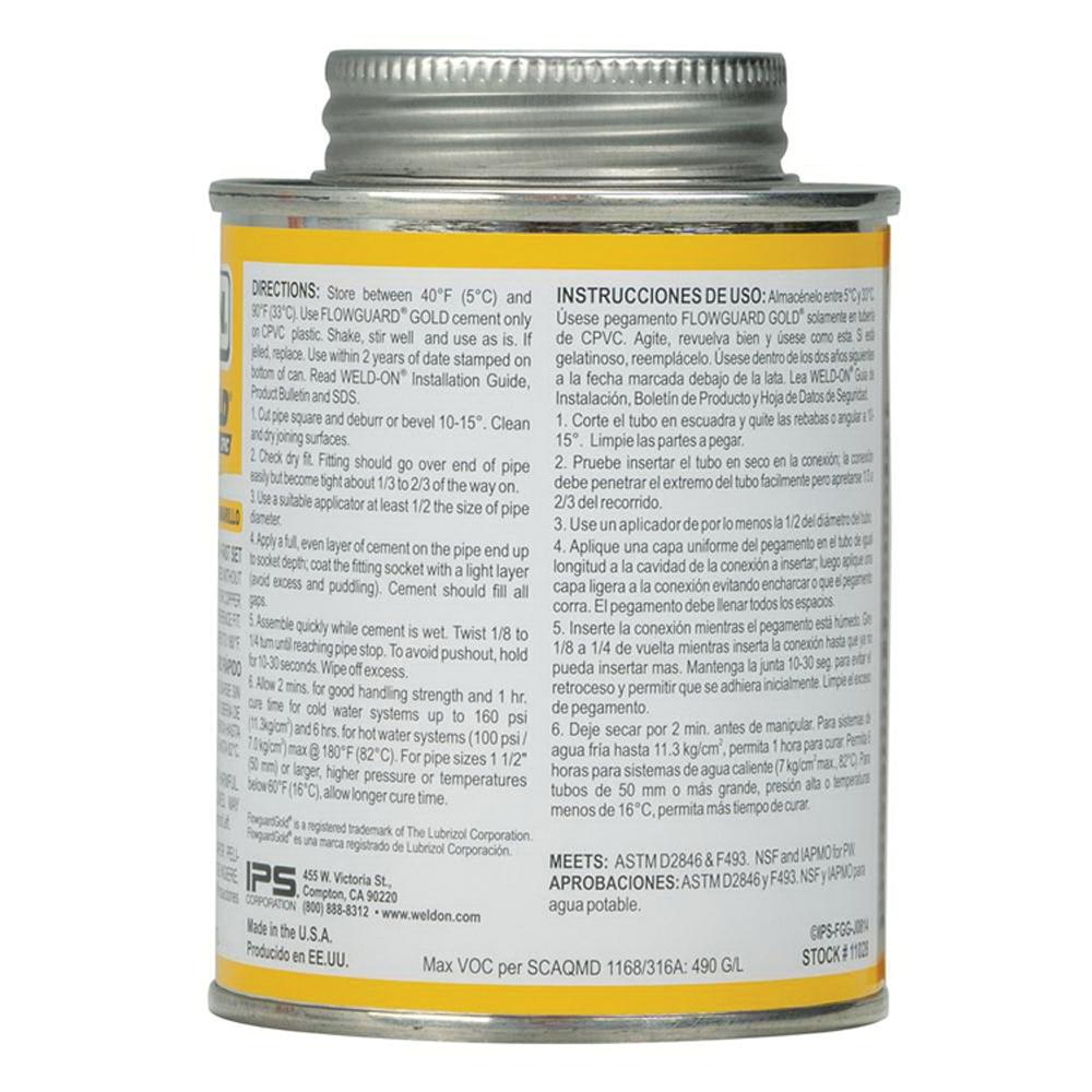 Weld-On® FlowGuard Gold® 11028 Solvent Cement With Applicator Cap, 0.5 pt, Can, Liquid, Yellow, Ketone thumbnail 4