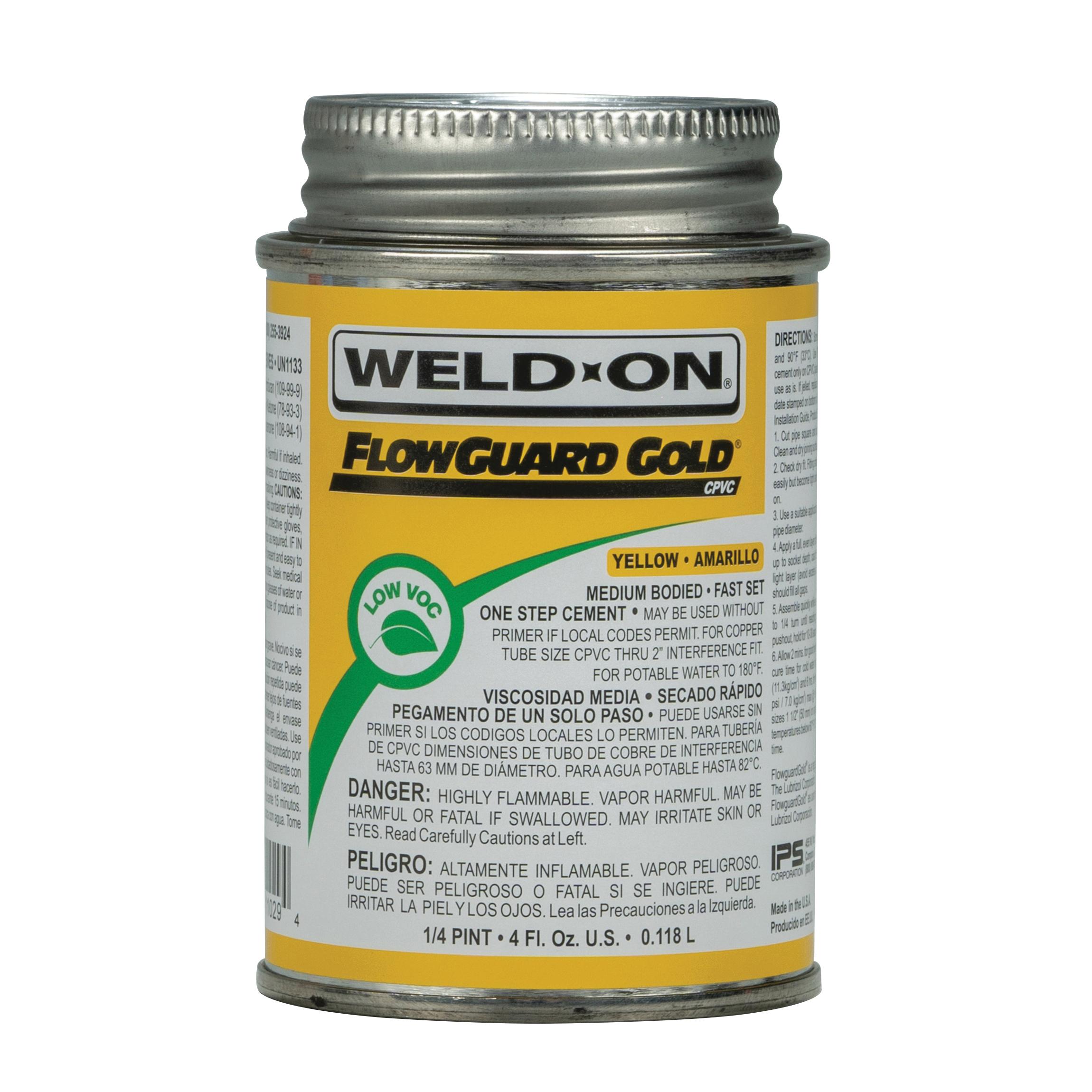Weld-On® FlowGuard Gold® 11029 Solvent Cement With Applicator Cap, 0.25 pt, Can, Liquid, Yellow, Ketone