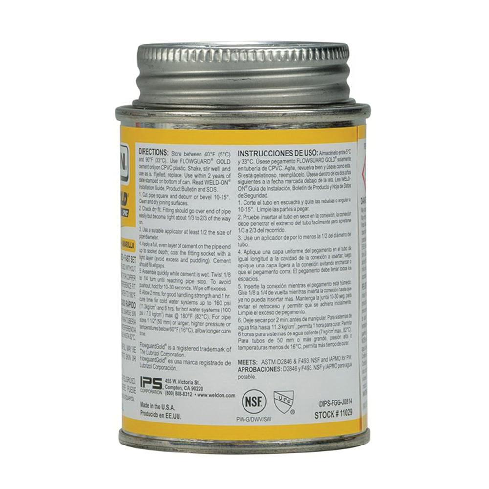 Weld-On® FlowGuard Gold® 11029 Solvent Cement With Applicator Cap, 0.25 pt, Can, Liquid, Yellow, Ketone