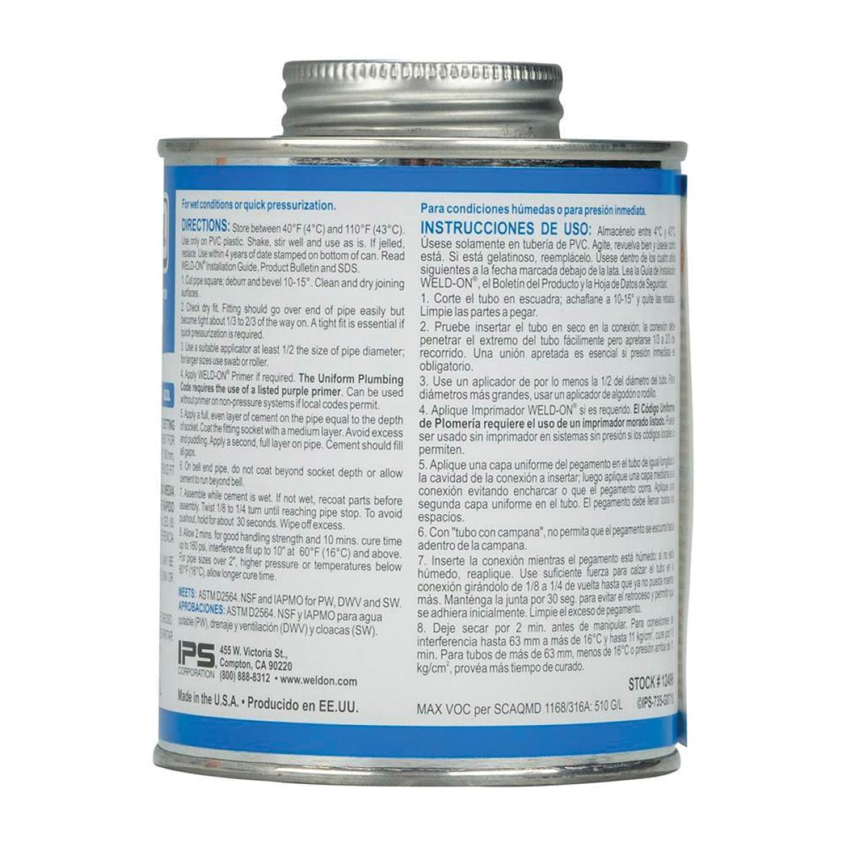 Weld-On® 735™ Wet 'N Fast™ 12496 Solvent Cement, 1 pt, Can, Liquid, Blue, Ketone, 24 hr Curing