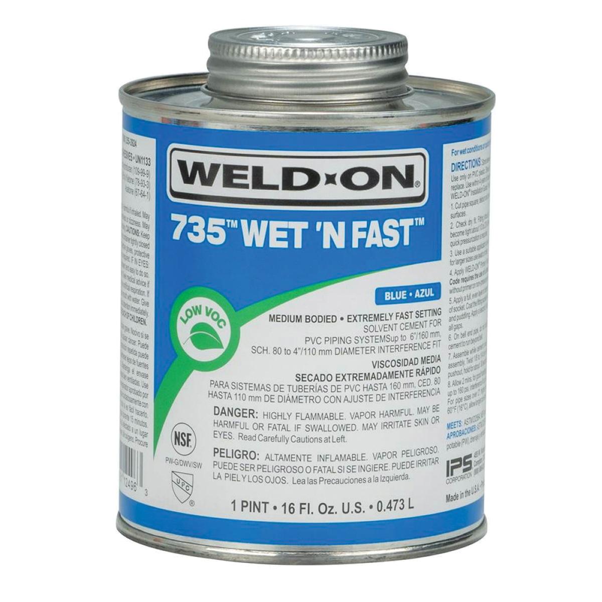 Weld-On® 735™ Wet 'N Fast™ 12496 Solvent Cement, 1 pt, Can, Liquid, Blue, Ketone, 24 hr Curing thumbnail 2